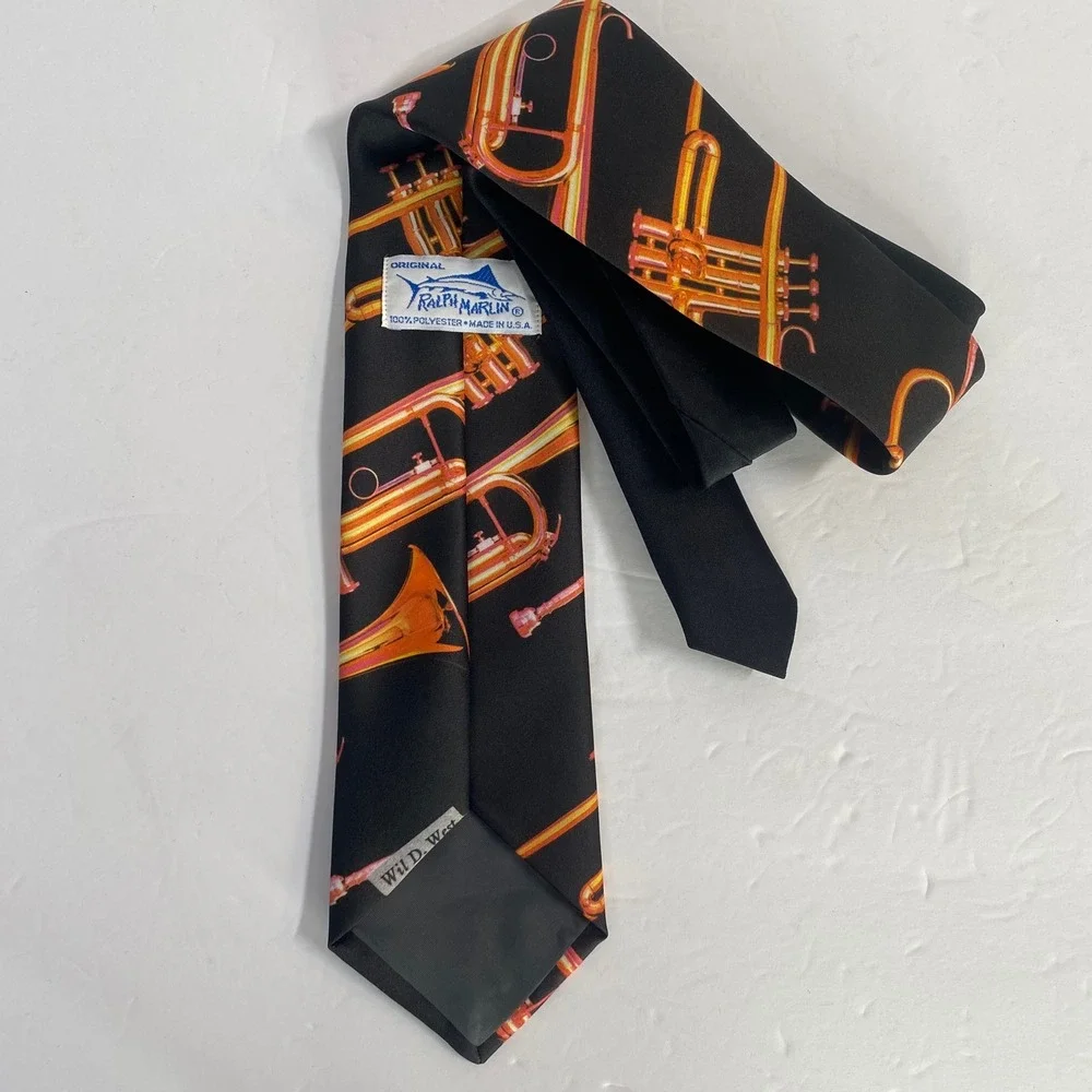 Vintage Ralph Marlin Neck Tie Musical Instrument Trumpet Print Novelty‎ Jazz